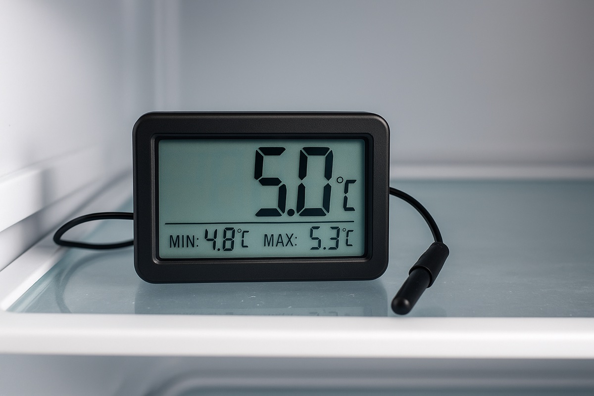 Digital thermometer showing 5°C for tortoise hibernation UK
